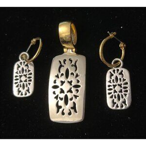 Gold & Silver Tone Pendant & Earrings Set By Premier Designs w/ Cutout Detailing